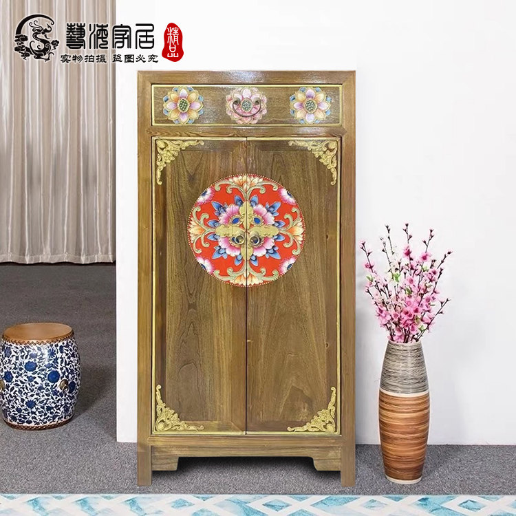 新中式实木家用卧室衣柜小户型仿古彩绘高柜衣橱收纳装饰柜可定制