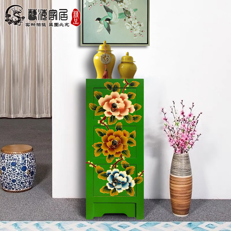 中式复古实木斗柜立体花纹彩绘床头柜美式抽屉柜卧室收纳储物柜