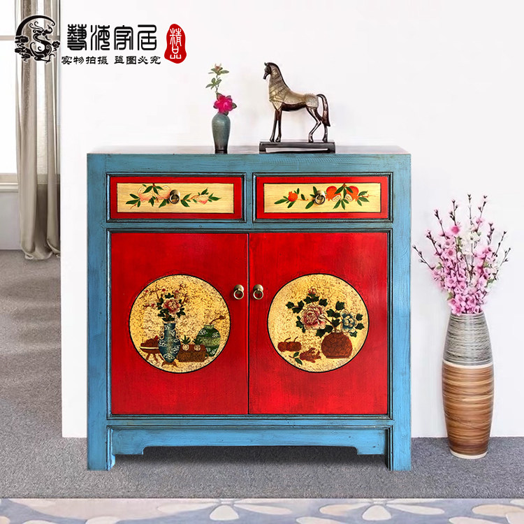 新中式鞋柜仿古玄关柜中式门厅柜装饰柜走廊隔断柜彩绘实木鞋柜