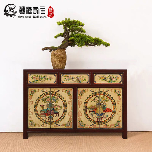 新中式风入户靠墙手工彩绘玄关柜