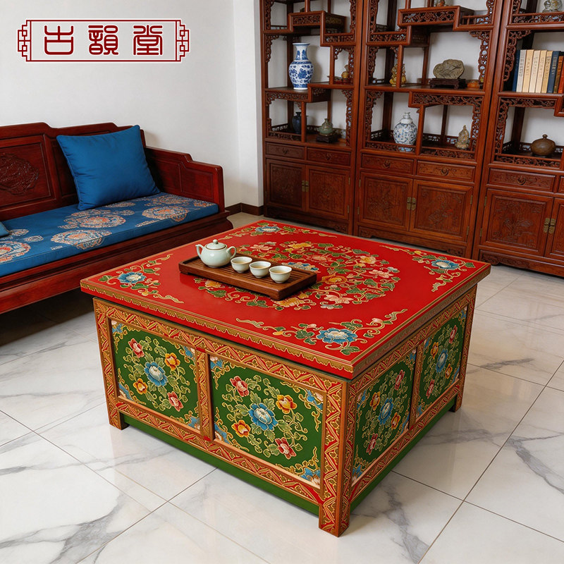 新中式彩绘木质带门茶几藏式家具实木茶台手绘茶桌复古餐桌麻将桌
