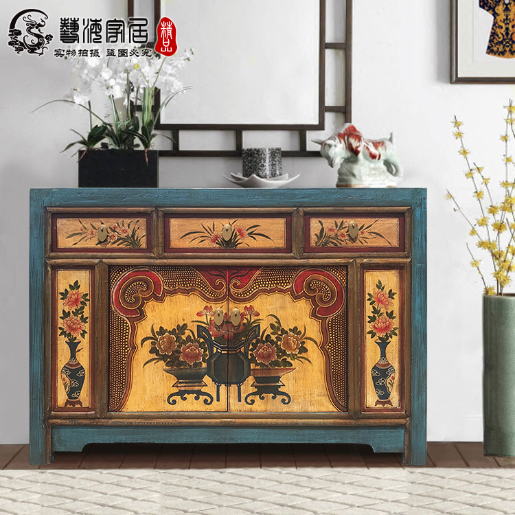 中式彩绘家具做旧餐边柜仿古实木玄关古典鞋柜手绘复古家具装饰柜