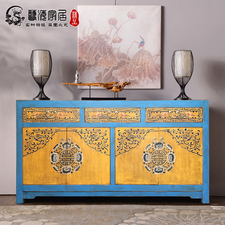 中式实木古典家具手绘玄关柜餐边柜仿古做旧客厅地柜复古储物柜