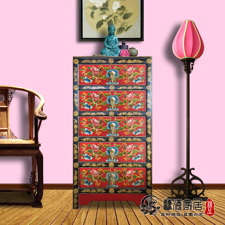 环保家具新中式手工彩绘漆柜古典实木五斗柜复古斗收纳柜家具环保