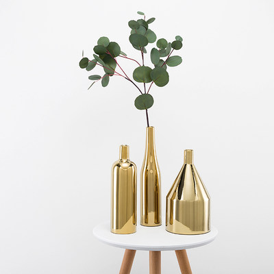 黄铜金色花瓶北欧三件套花器皇家样板房摆件客厅家用陶瓷插花花瓶 虎窝淘