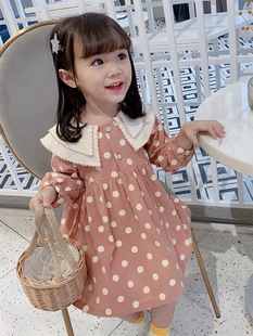 韩版 儿童长袖 新款 女童波点连衣裙2023春装 娃娃领公主裙女孩裙子潮