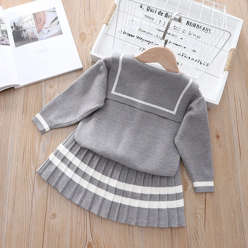 Трикотажный весенний комплект, детский кардиган, юбка в складку, юбка на девочку, свитер, в западном стиле, в корейском стиле