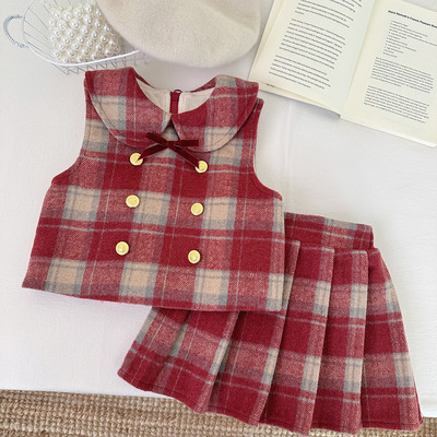 女童小香风套装冬季新款儿童加绒格子马甲＋背心百褶裙宝宝拜年服