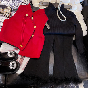 2025冬季新款女童新中式双面穿毛呢马甲套装儿童时尚红色拜年服