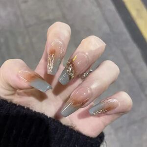 纯手工光疗穿戴甲森林迷雾琥珀蓝晕染秋冬显白穿戴美甲贴片成品