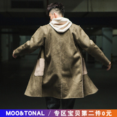 风衣男外套连帽大衣欧美街头潮牌 摩调日系复古麂皮绒羊羔毛中长款