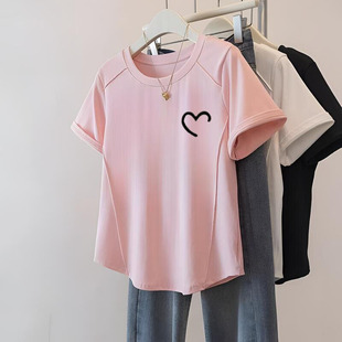新款 大码 t恤夏季 女装 胖mm鱼骨显瘦遮肚百搭上衣 弧形下摆正肩短袖