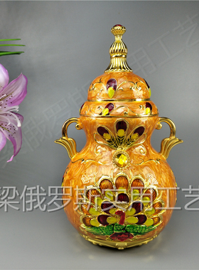 ZW特价俄罗斯银锡金属牙签筒罐盒葫芦形金桔黄色孔雀开屏桔钻厚重