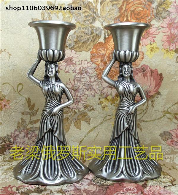 Z2特价俄罗斯锡金属桌面烛蜡台单头美女天使一对古锡色欧式家居