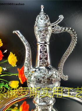 Z2俄罗斯锡金属酒壶大号亮银白色三朵花容量9两450毫升精致厚重