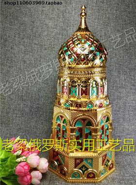 Z2特价俄罗斯锡金属茶叶筒罐密封盒城堡形金边红绿蓝色釉彩特大号