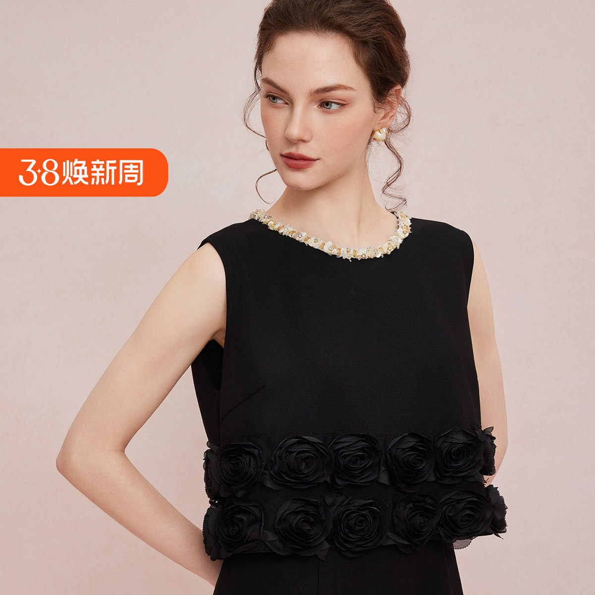 斯尔丽2025夏季新款礼服箱型设计立体盘花中长款气质高雅连衣裙