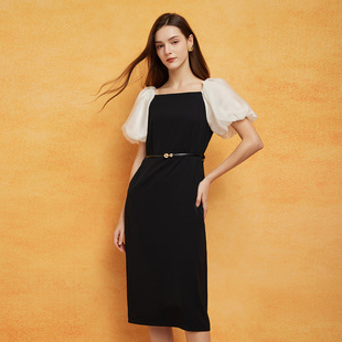 斯尔丽24新款 韩版 高级显瘦连衣裙 甜美风OL职场气质撞色立体袖