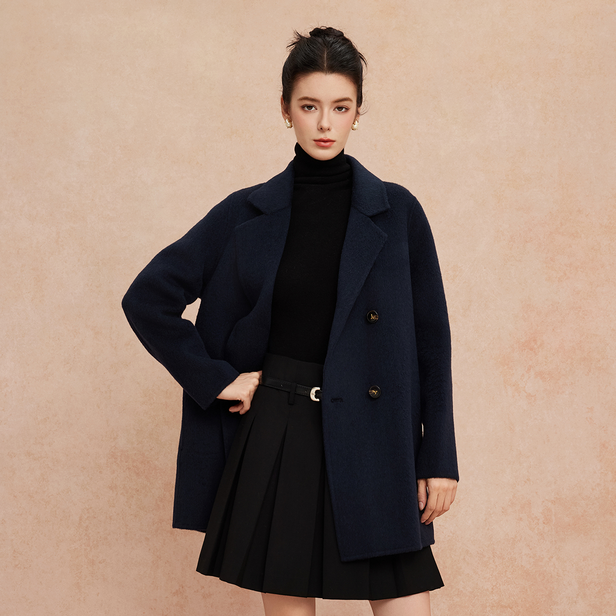 斯尔丽25新款一手长小个子直身时尚百搭通勤双面呢羊毛短大衣