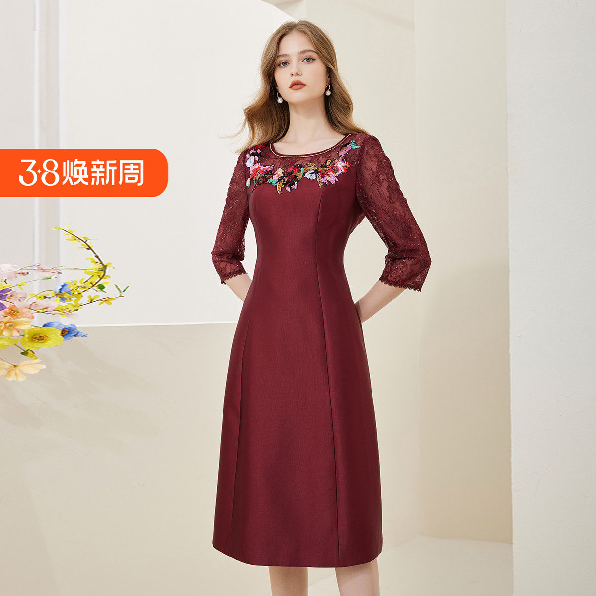 斯尔丽春季新款圆领修身A摆贴花小礼服裙A摆中长连衣裙