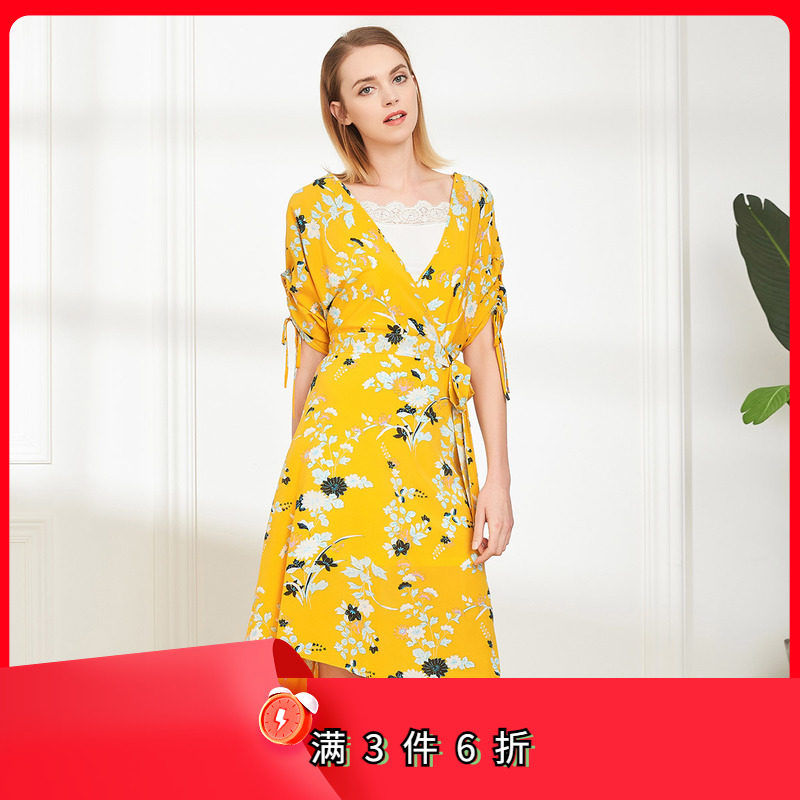 斯尔丽夏季新品真丝绑带开衫常规款宽松中袖休闲优雅连衣裙