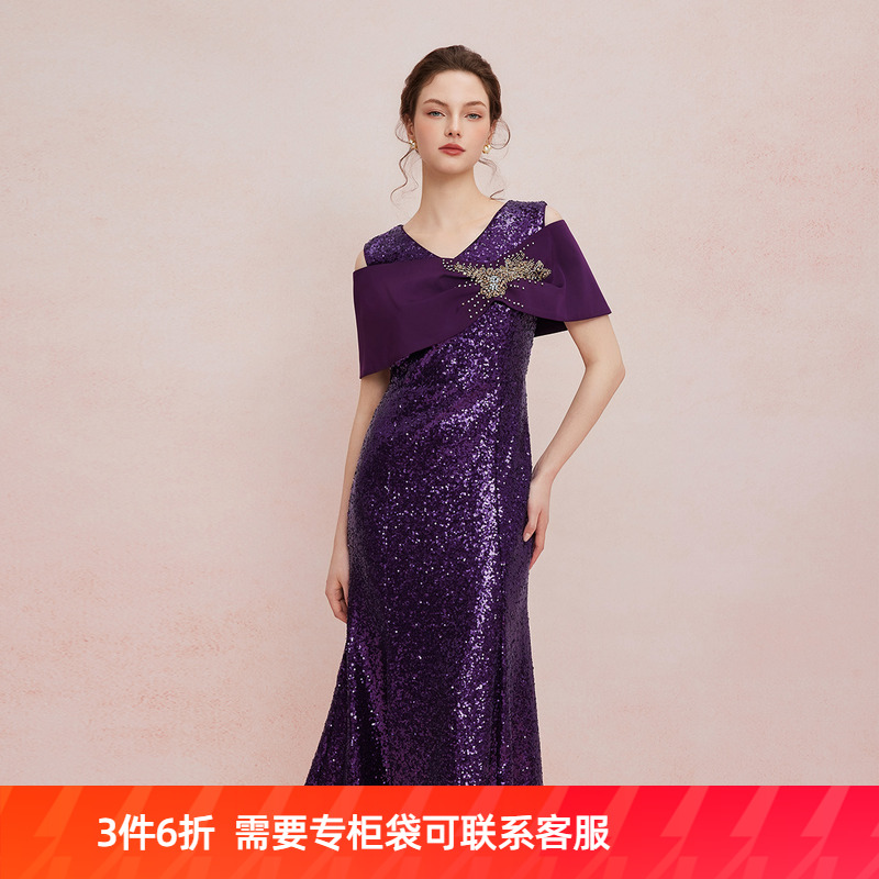 斯尔丽25夏季新款商场同款宴会礼服亮片绣花喜婆婆气质连衣裙