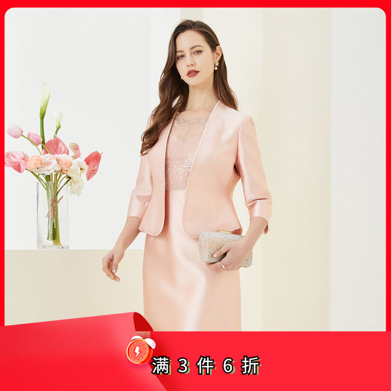 斯尔丽瑟俪2022年秋上新蕾丝拼接修身版烫钻丝毛礼服两件套连衣裙