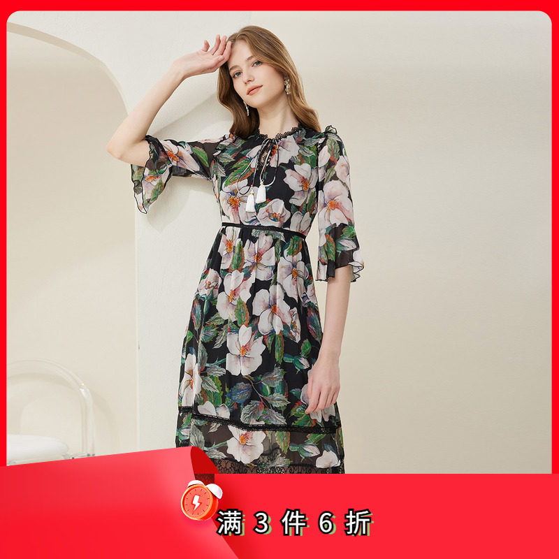 斯尔丽瑟俪2023春夏新款真丝舒适印花连衣裙淑女蕾丝下摆连衣裙