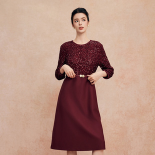 斯尔丽25新款宴会喜妈妈亮片拼素色奢华简约腰线上抬连衣裙