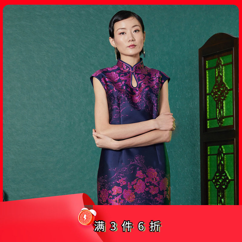 斯尔丽瑟俪春季高雅定位花无袖长旗袍