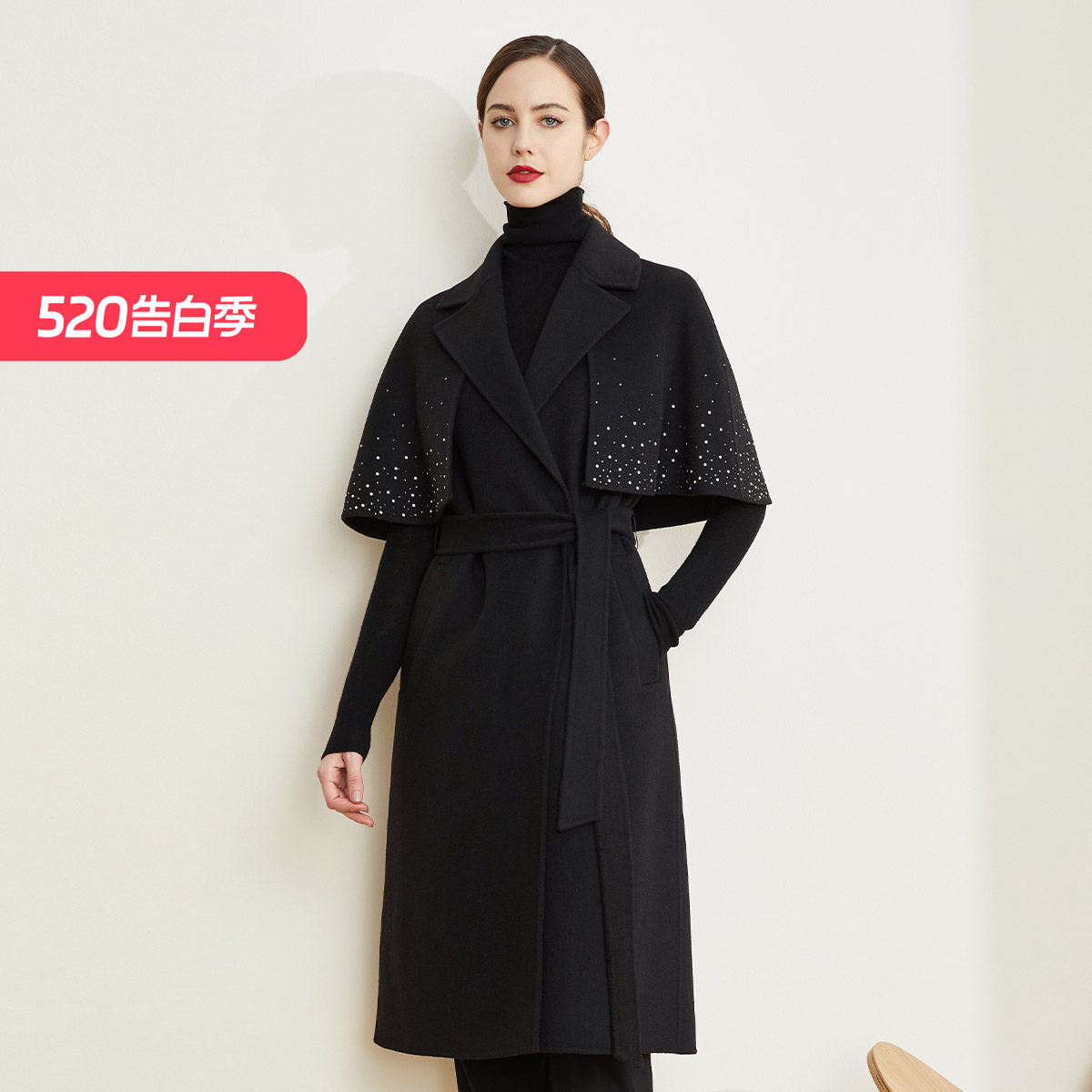 斯尔丽[专柜同款]瑟俪2021秋冬新时尚优雅烫钻披肩式腰带中长大衣