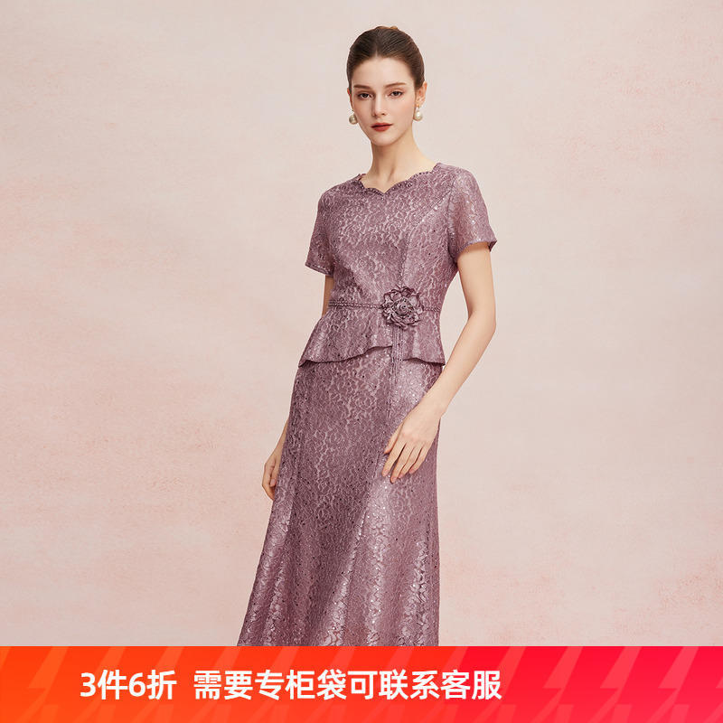 斯尔丽25新款华丽礼服立体盘花假两件刺绣蕾丝温柔端庄显瘦连衣裙