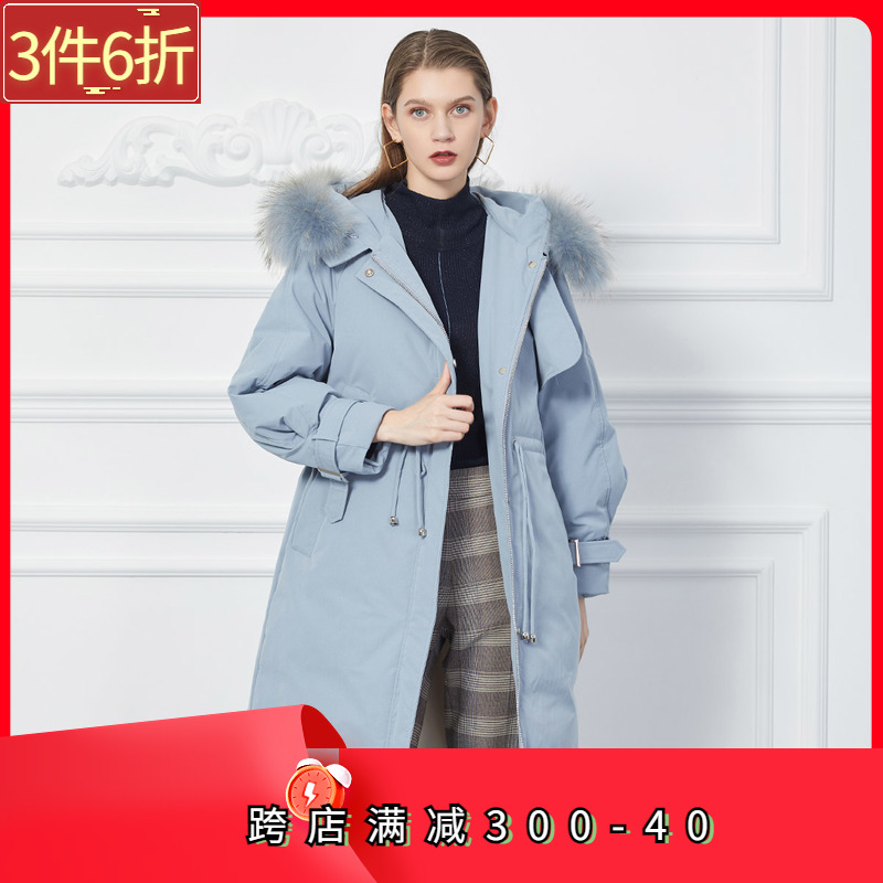 斯尔丽冬季新品纯色连帽带毛领女士中长款羽绒服保暖外套