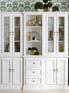 小户型餐厅法式仿古做旧白色实木餐边柜美式乡村橡木复古灰色酒柜