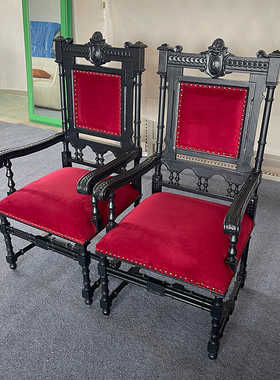 实木布艺影楼休闲椅美式刺绣扶手椅法式复古雕花将军椅做旧单人椅