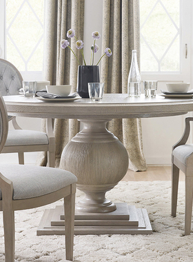 法式乡村实木圆餐桌大小户型定制美式复古白色做旧橡木组合餐桌椅