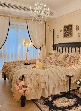 美式复古实木床主卧双人床婚床黑色1.8米法式中古1.5米公主床定制