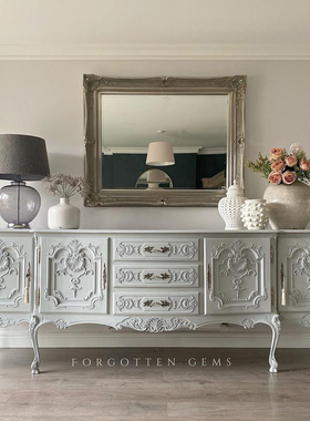 新品实木仿古雕花美式乡村餐边柜法式奢华白色橡木装饰柜整装定制