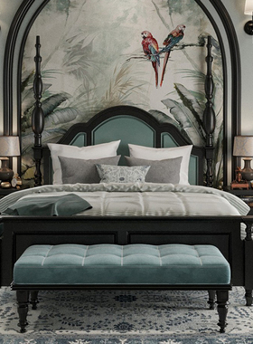 美式实木双人床黑色复古新古典1.8米主卧婚床简约罗马柱床大床