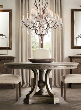 法式实木餐桌椅组合圆形美式乡村仿古复古饭桌民宿风橡木家具定制