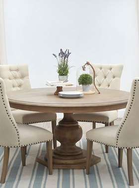 法式实木圆餐桌家用小户型橡木桌子北欧风带转盘圆桌简约桌椅组合