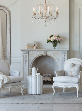 美式乡村欧式轻奢实木单人沙发法式复古白色橡木客厅沙发椅民宿风