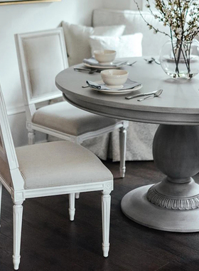 美式乡村实木圆餐桌法式复古做旧雕花餐桌椅小户型简约白色餐桌