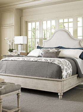 美式乡村全实木床主卧室橡木双人床复古白色轻奢别墅布艺床头家具