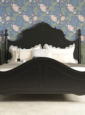 现代简约美式复古实木床1.8m雕花黑色主卧室双人婚床新款