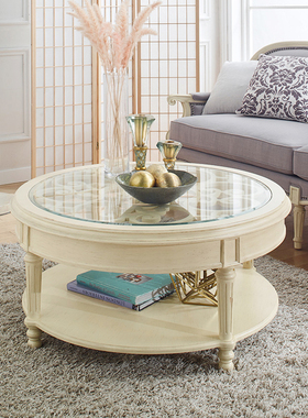 法式复古实木圆形玻璃茶几小户型美式白色雕花小圆桌阳台小茶台