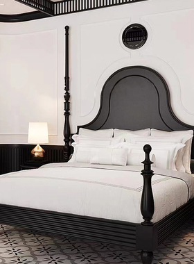 法式复古实木双人床简约法式卧室婚床古典高端黑色橡木高背床定制