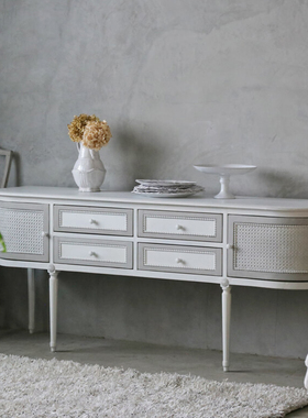 美式实木餐边柜简约茶水柜法式白色编制简约玄关柜入户家用柜子