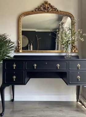 法式复古实木梳妆台美式新古典大小户型卧室化妆桌黑色装饰柜可定