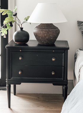 美式轻奢实木床头柜黑色卧室床边小柜子简约现代抽屉柜高脚收纳柜